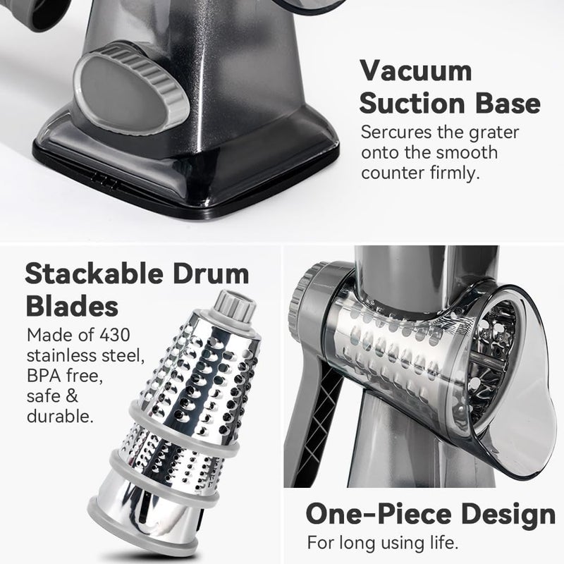 Maxceysen 3 in 1 Manual Vegetable Cutter Machine with Stainless Steel Changeable Blades Rotary Cheese Grater Kitchen Tool Potato Slicer Shredder Nuts Chocolate Chopper (Transparent black) - Image 5